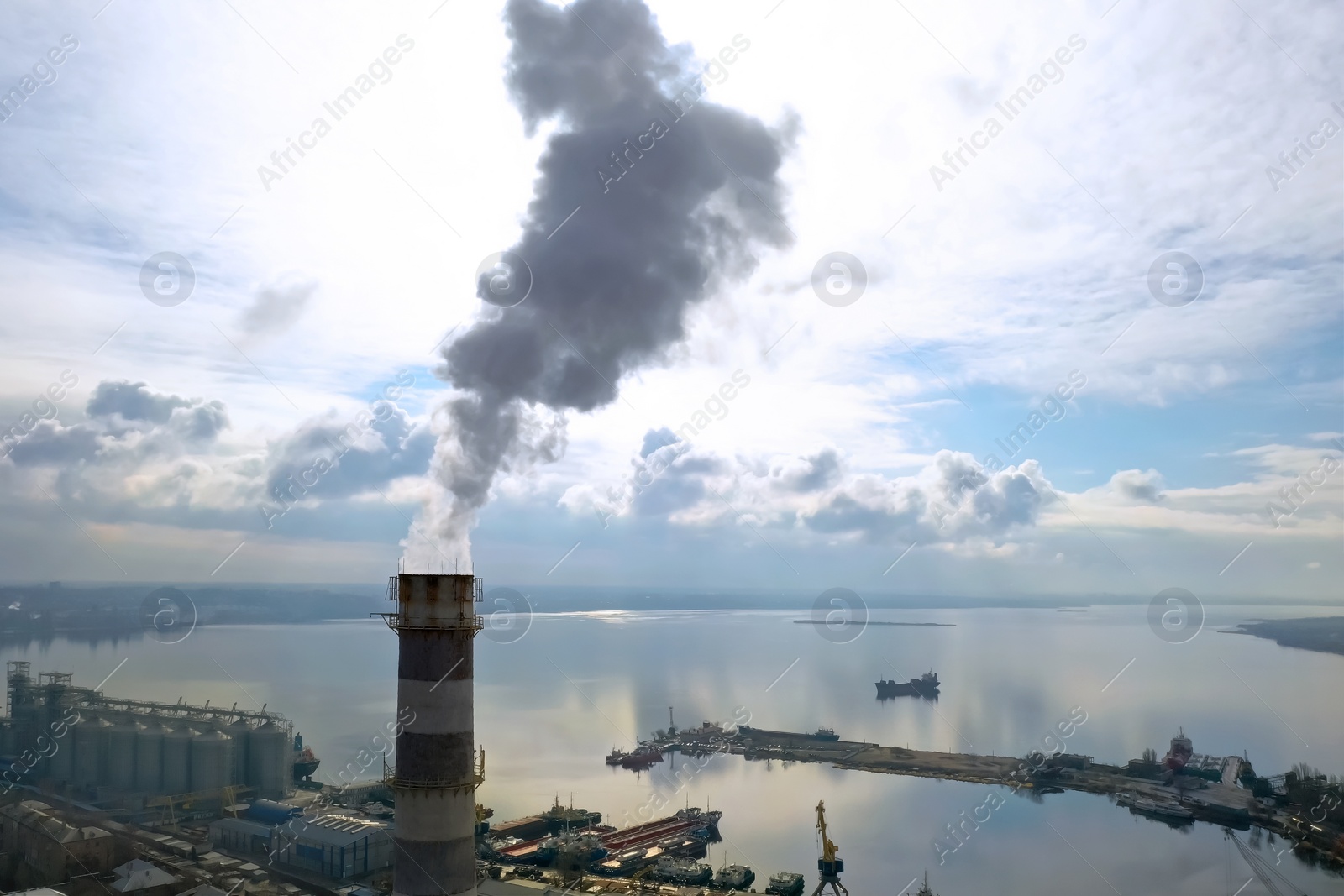 Image of Polluting air with smoke, aerial view of industrial factory. CO2 emissions