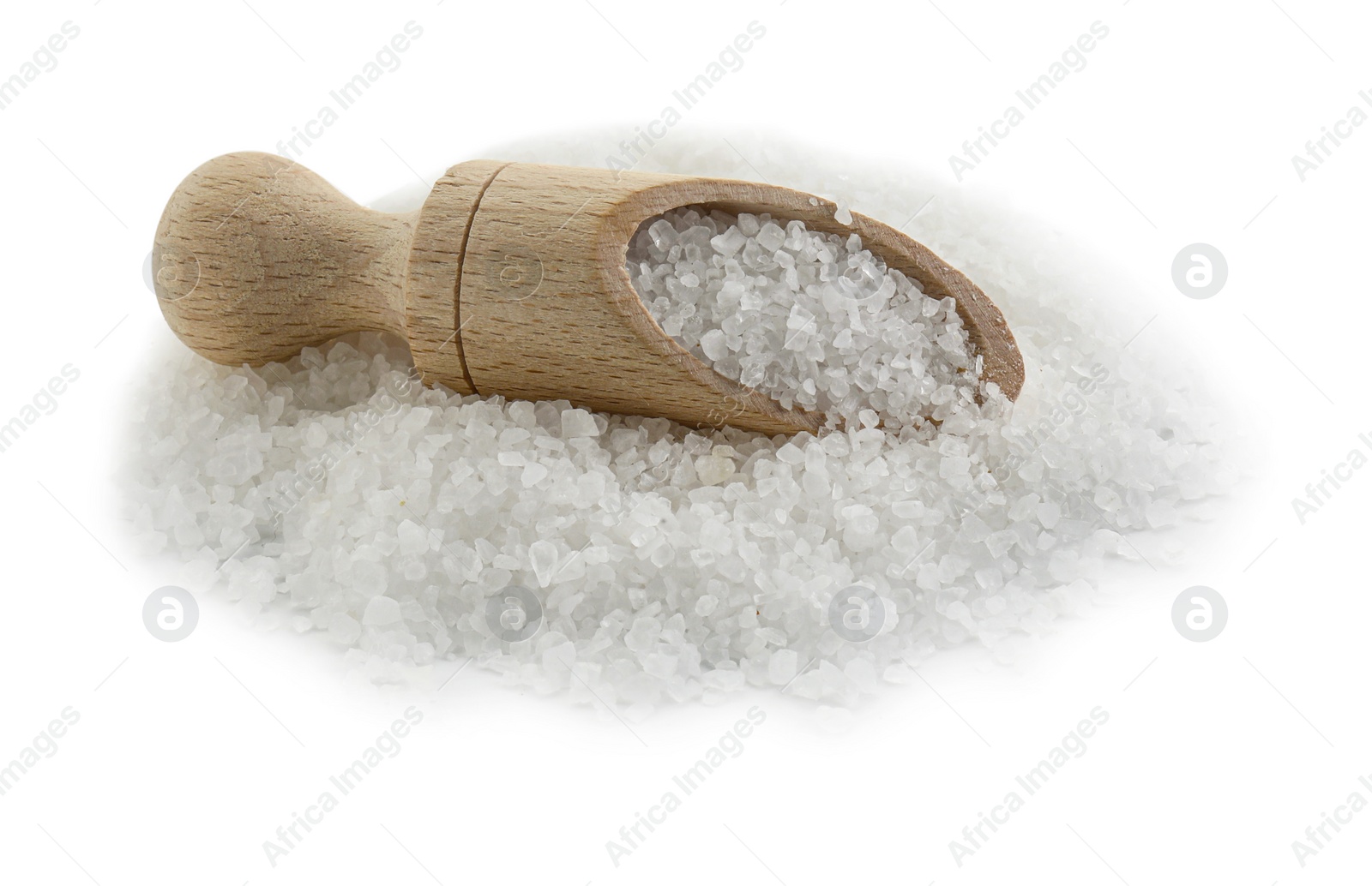 Photo of Natural salt and wooden scoop isolated on white