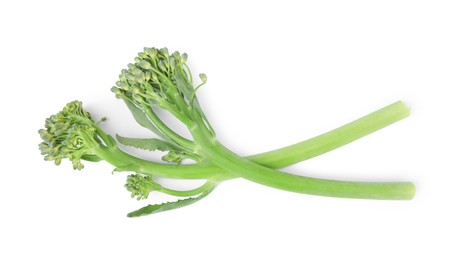 Photo of Fresh raw broccolini isolated on white, top view. Healthy food