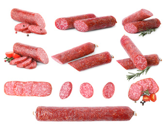 Image of Set of tasty sausage on white background