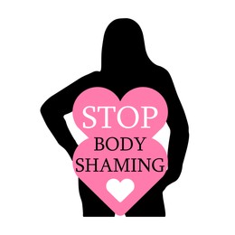 Image of Silhouette of plus-size model in bodysuit with words Stop Body shaming and heart on white background