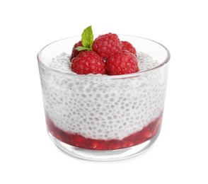 Photo of Delicious chia pudding with raspberries and mint on white background