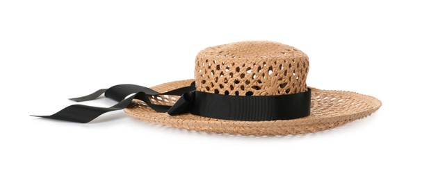 Photo of Stylish straw hat isolated on white. Fashionable accessory