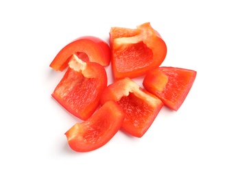 Photo of Slices of ripe red bell pepper on white background