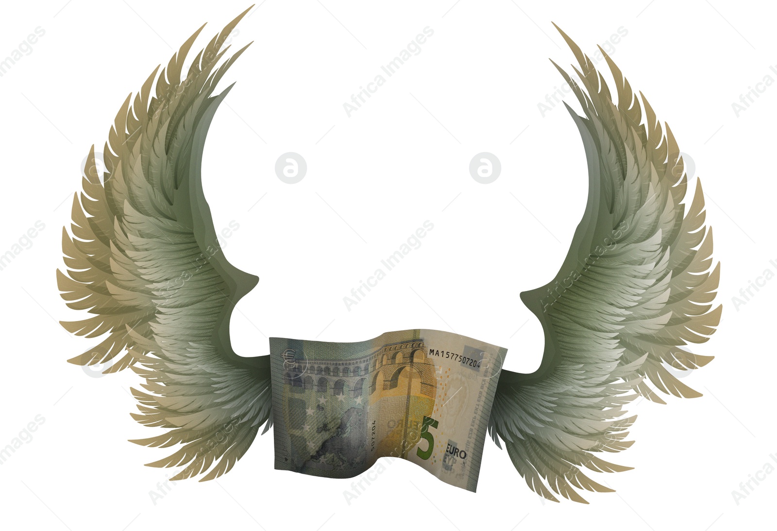 Image of Euro banknote with wings on white background