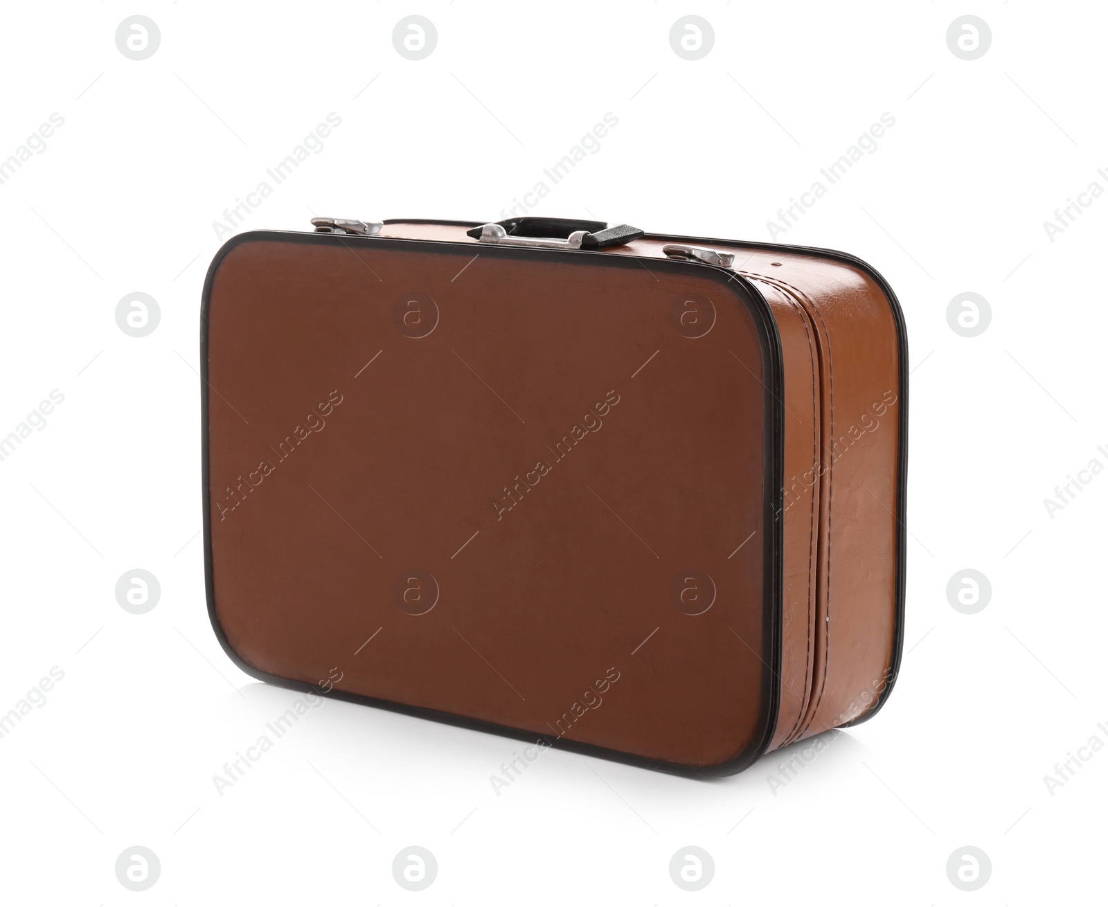 Photo of Classic brown suitcase on white background