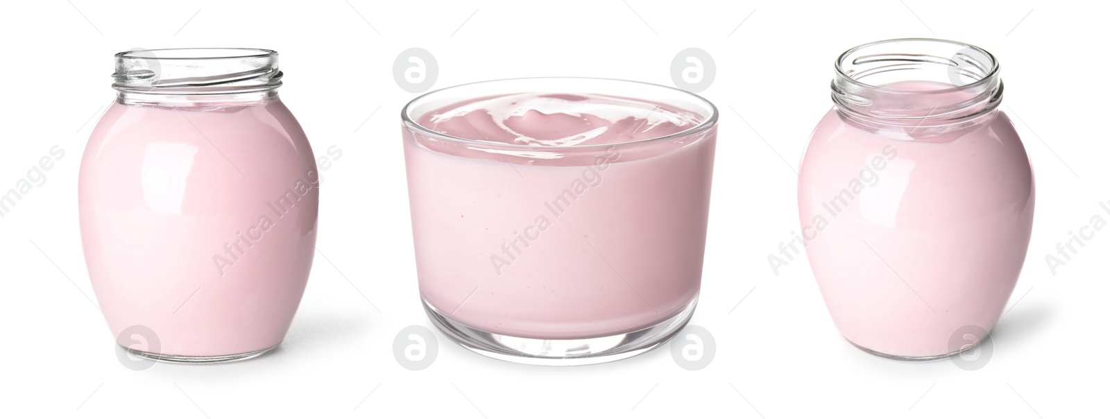 Image of Set of delicious natural yogurt on white background. Banner design