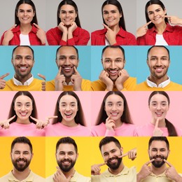 Image of People with showing white teeth on different color backgrounds, collage of photos