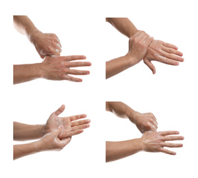 Collage of people washing hands with soap on white background, closeup