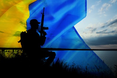 Image of Stop war in Ukraine. Silhouette of armed soldier outdoors and Ukrainian flag, double exposure effect