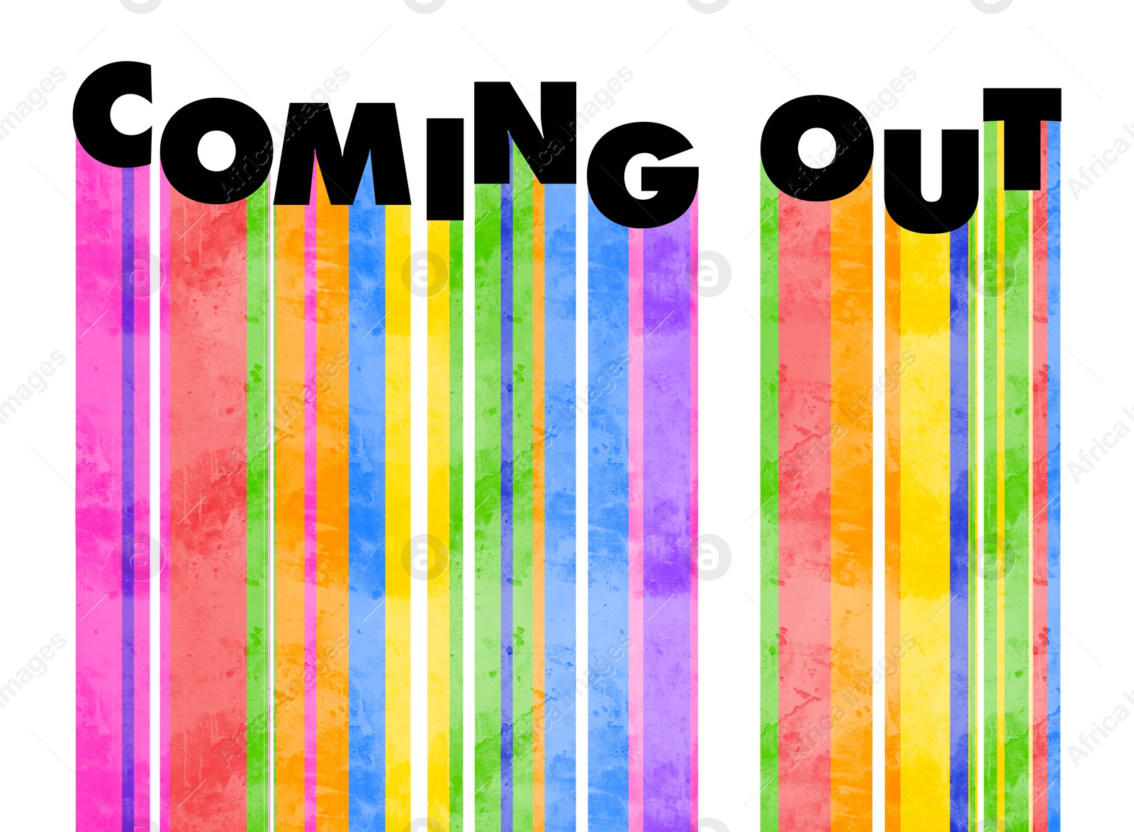 Illustration of Coming Out inscription with colorful flows on white background