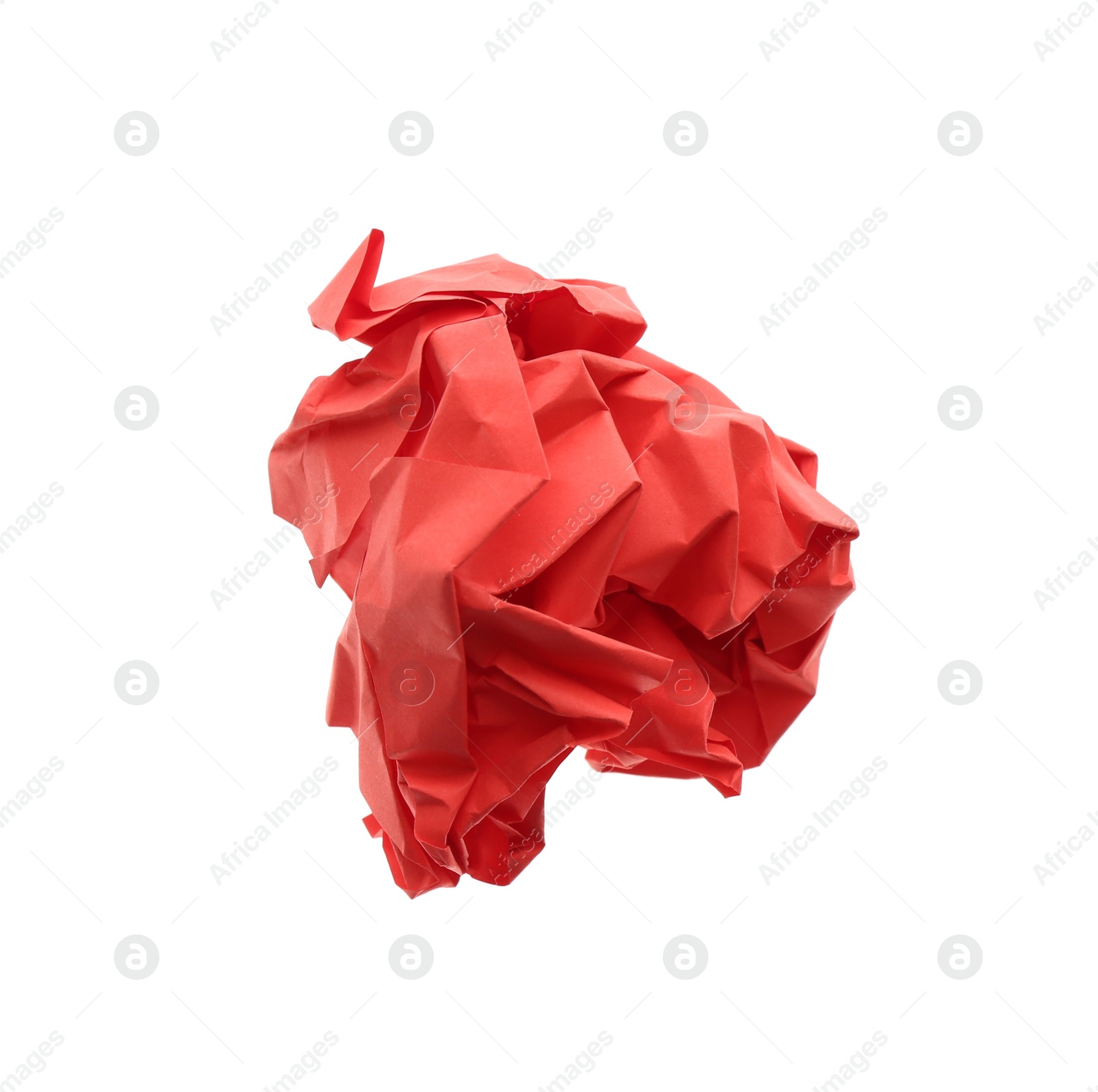 Photo of Crumpled sheet of red paper isolated on white, top view