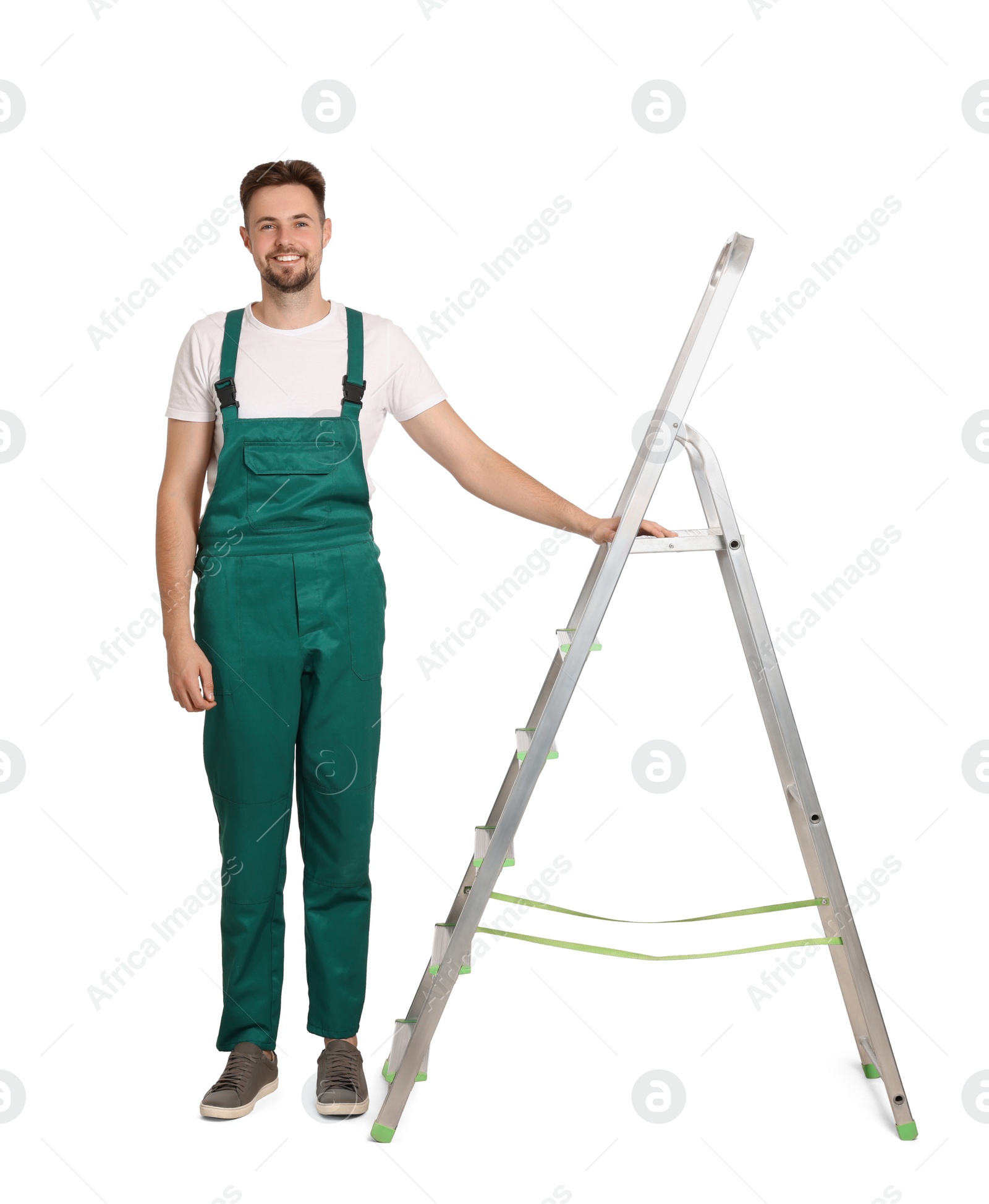 Photo of Worker in uniform near metal ladder on white background