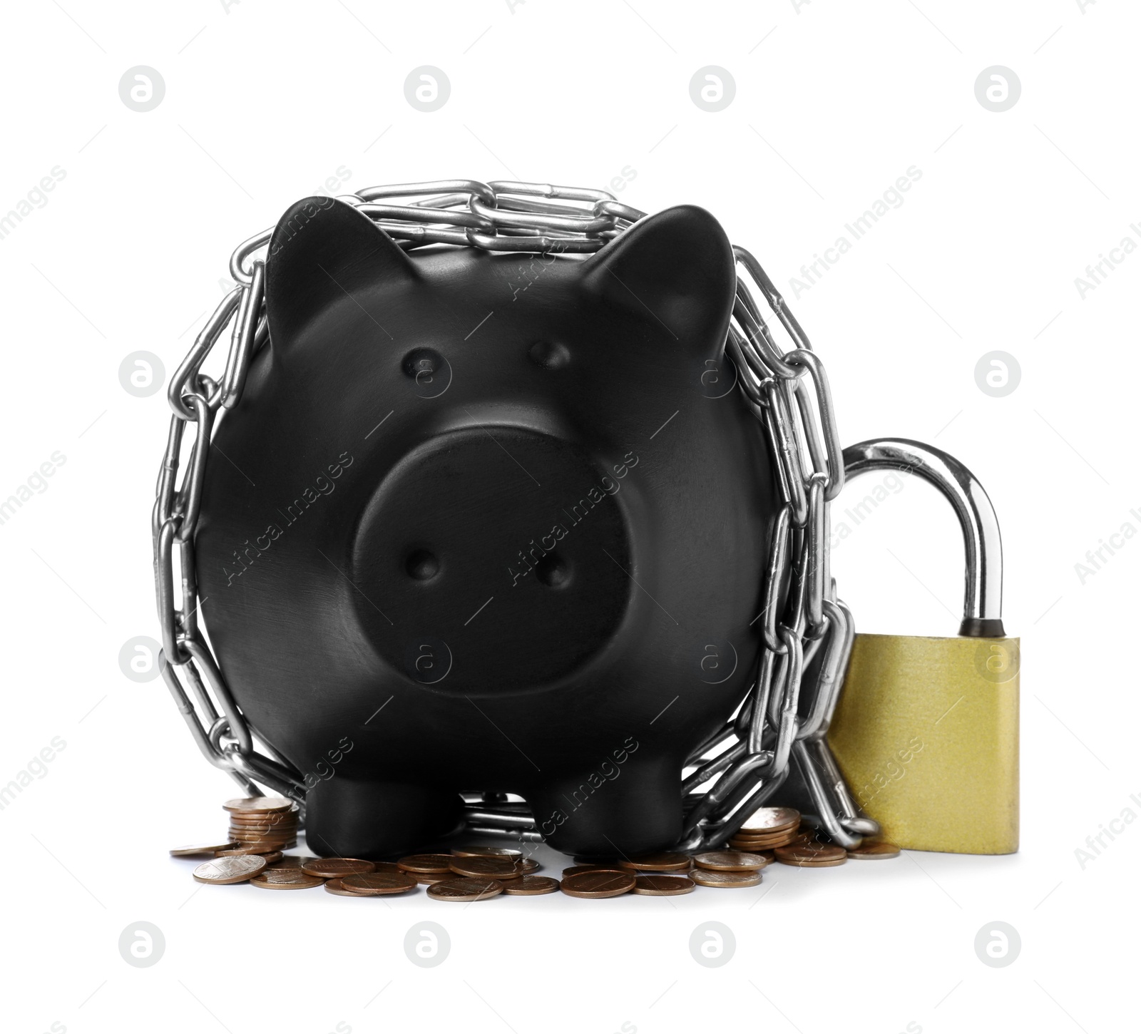 Photo of Piggy bank with steel chain, padlock and coins isolated on white. Money safety concept