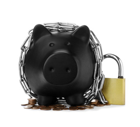 Photo of Piggy bank with steel chain, padlock and coins isolated on white. Money safety concept