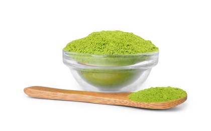 Photo of Bowl and spoon with matcha powder isolated on white