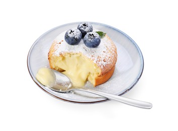 Photo of Tasty vanilla fondant with white chocolate and blueberries isolated on white