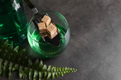 Photo of Absinthe in glass, spoon, brown sugar cubes, and fern leaf on gray textured table, above view with space for text. Alcoholic drink