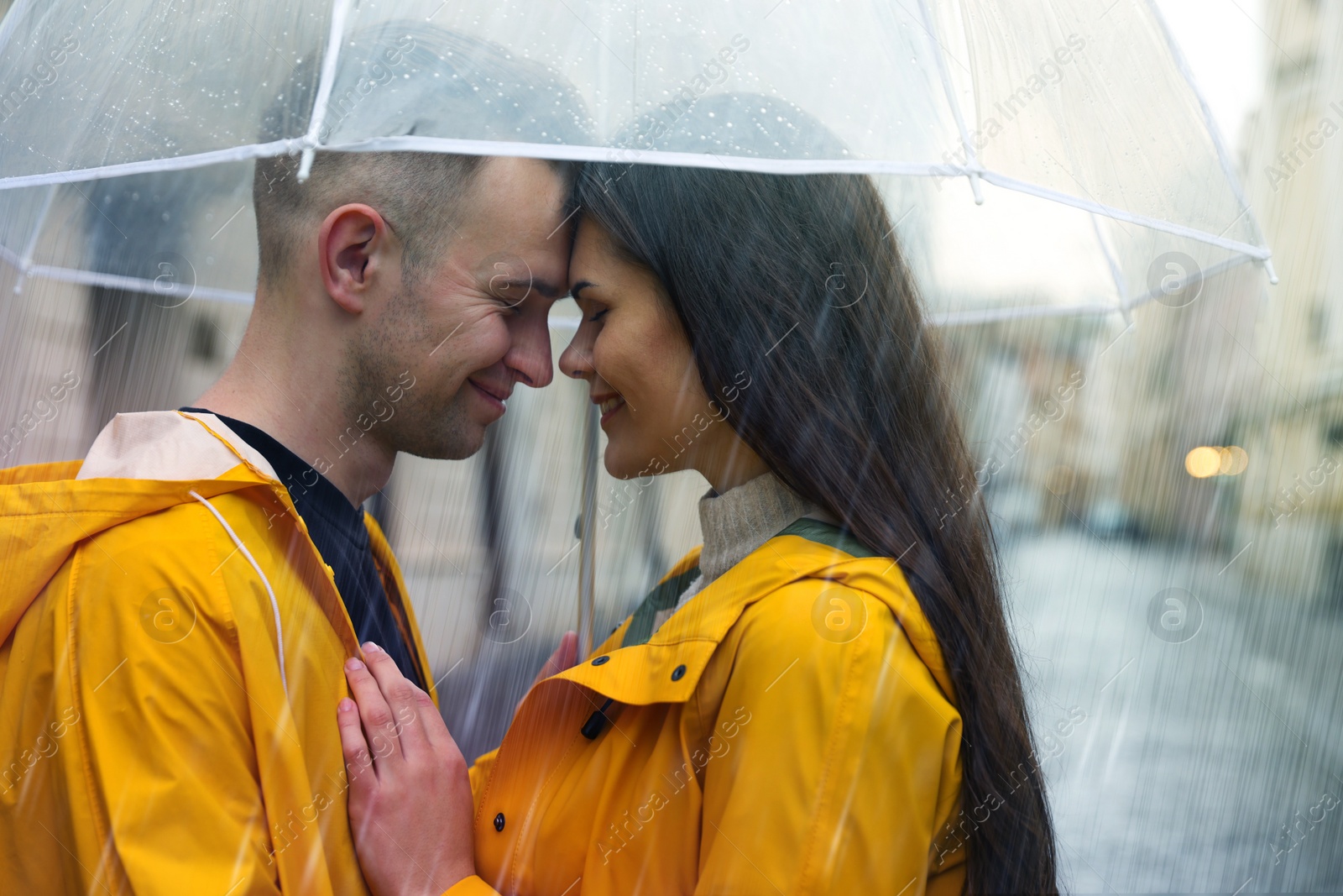 Image of Lovely young couple with umbrella under rain on city street