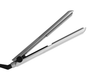 Photo of Modern hair iron for straightening on white background