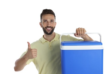 Photo of Happy man with cool box showing thumb up on white background
