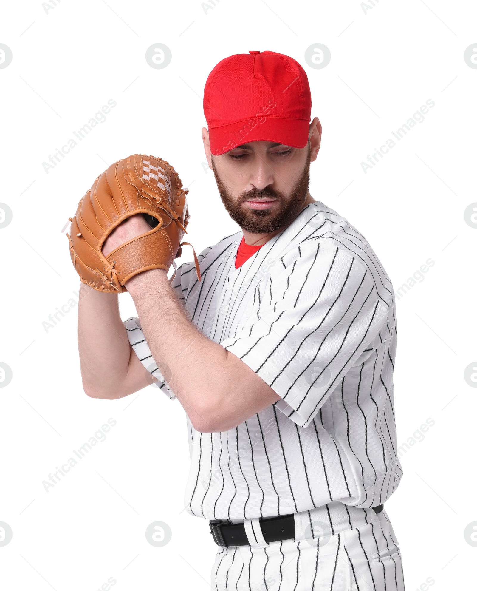 Photo of Baseball player with leather glove on white background