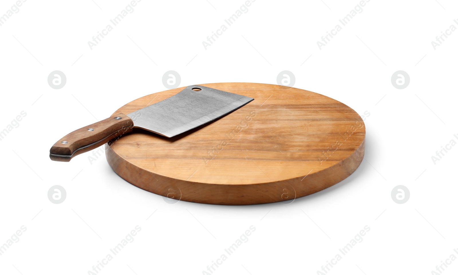 Photo of Stainless steel cleaver knife with wooden handle on board against white background