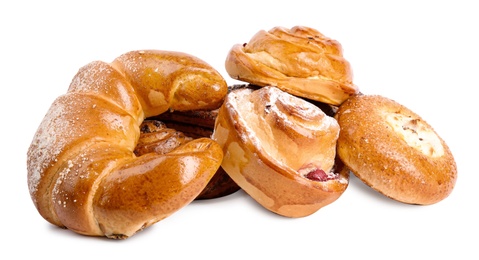 Photo of Different delicious fresh pastries on white background