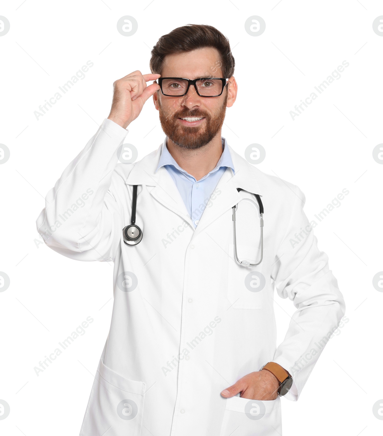 Photo of Portrait of doctor with stethoscope on white background