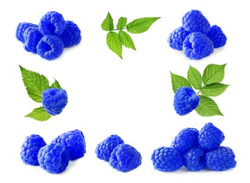 Image of Set of fresh blue raspberries on white background