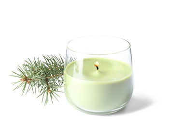 Green wax candle in glass holder and fir branch on white background