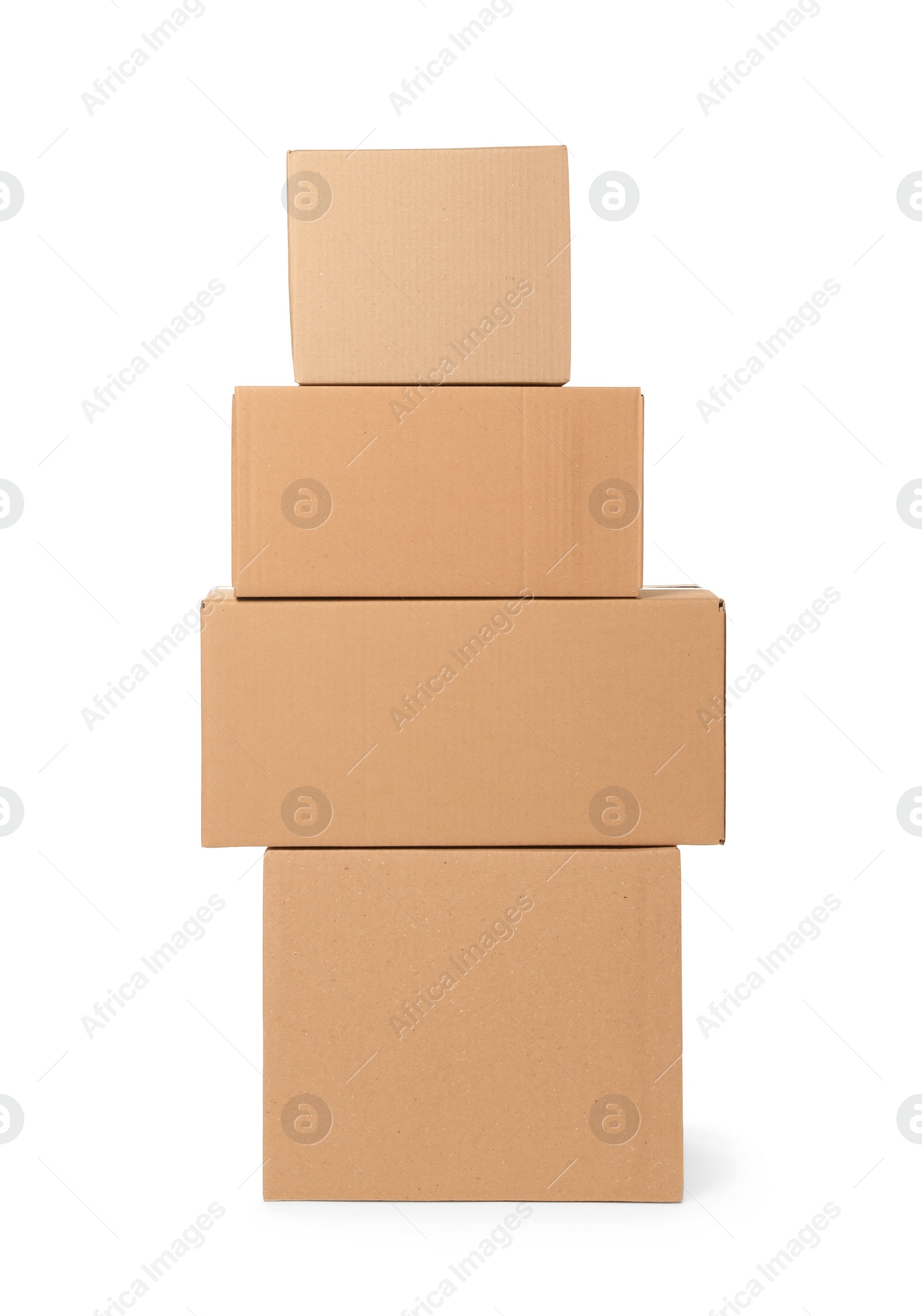 Photo of Many closed cardboard boxes on white background. Delivery service