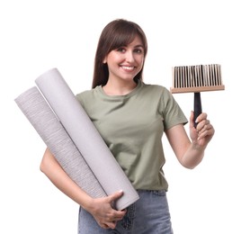 Beautiful woman with wallpaper rolls and brush on white background