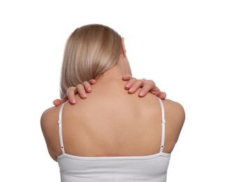 Photo of Woman suffering from pain in her neck on white background, back view