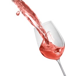 Image of Pouring delicious rose wine into glass on white background