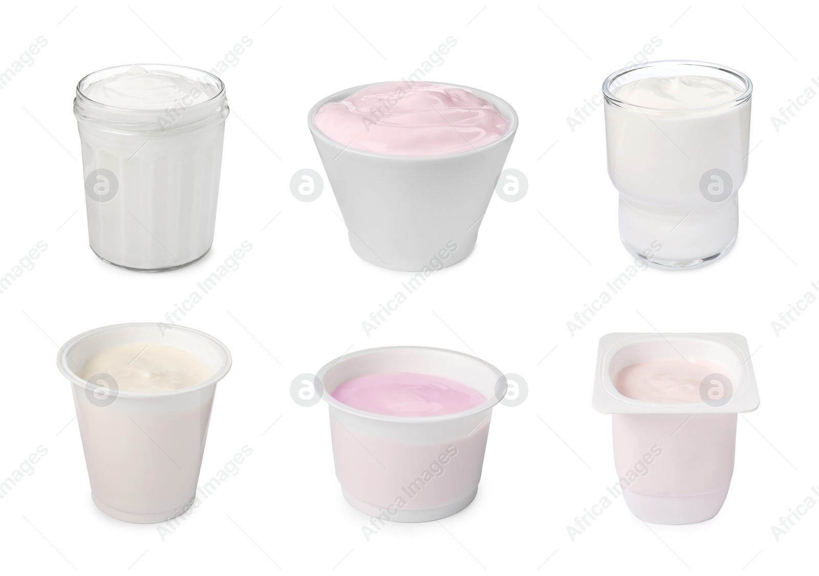 Image of Set with delicious organic yogurts on white background