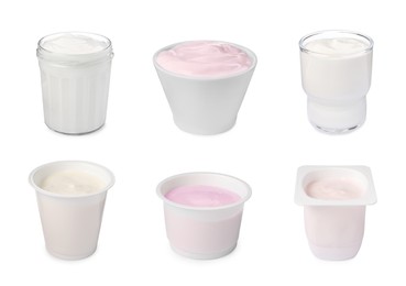 Image of Set with delicious organic yogurts on white background