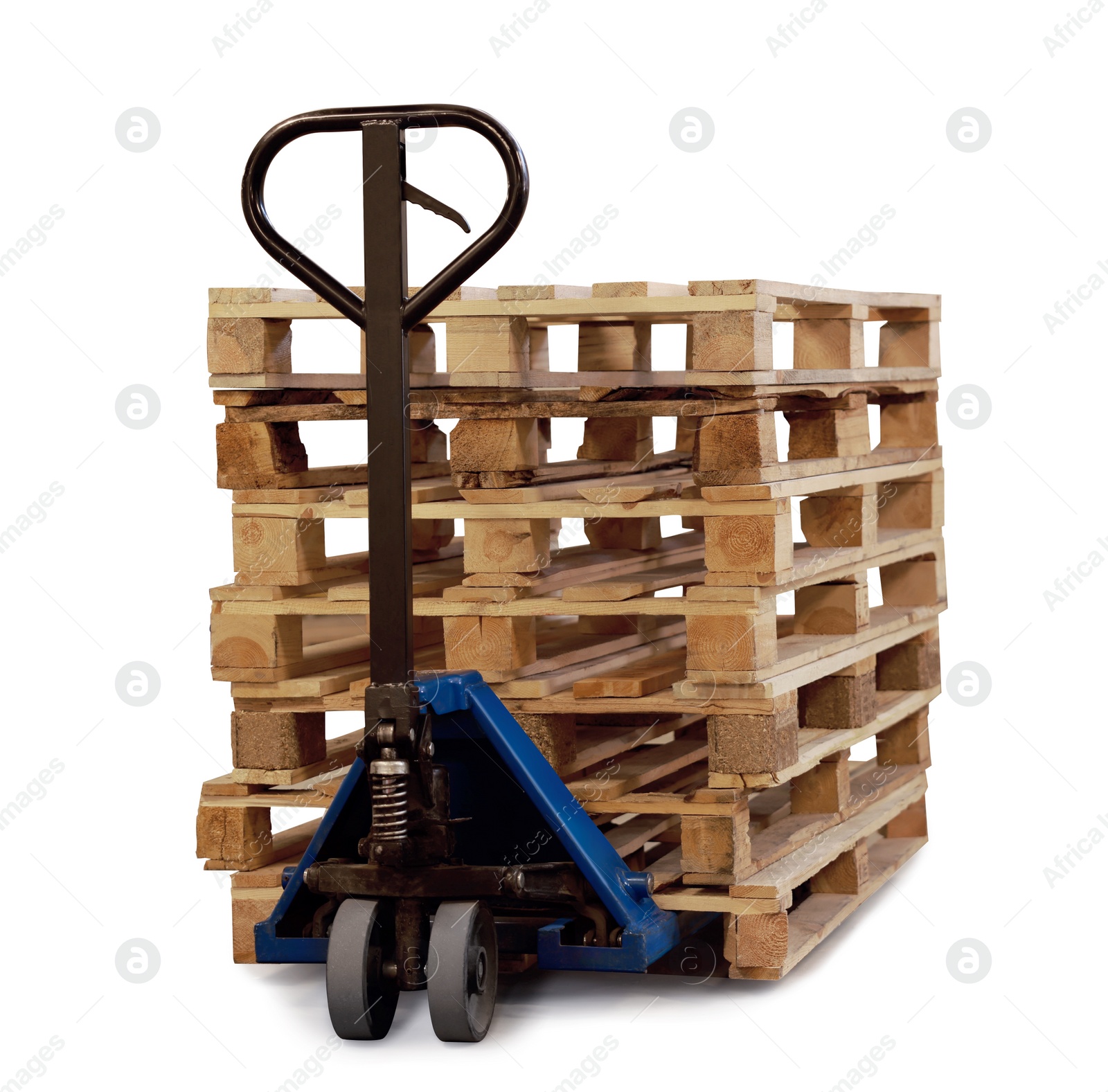 Image of Modern manual forklift with wooden pallets on white background