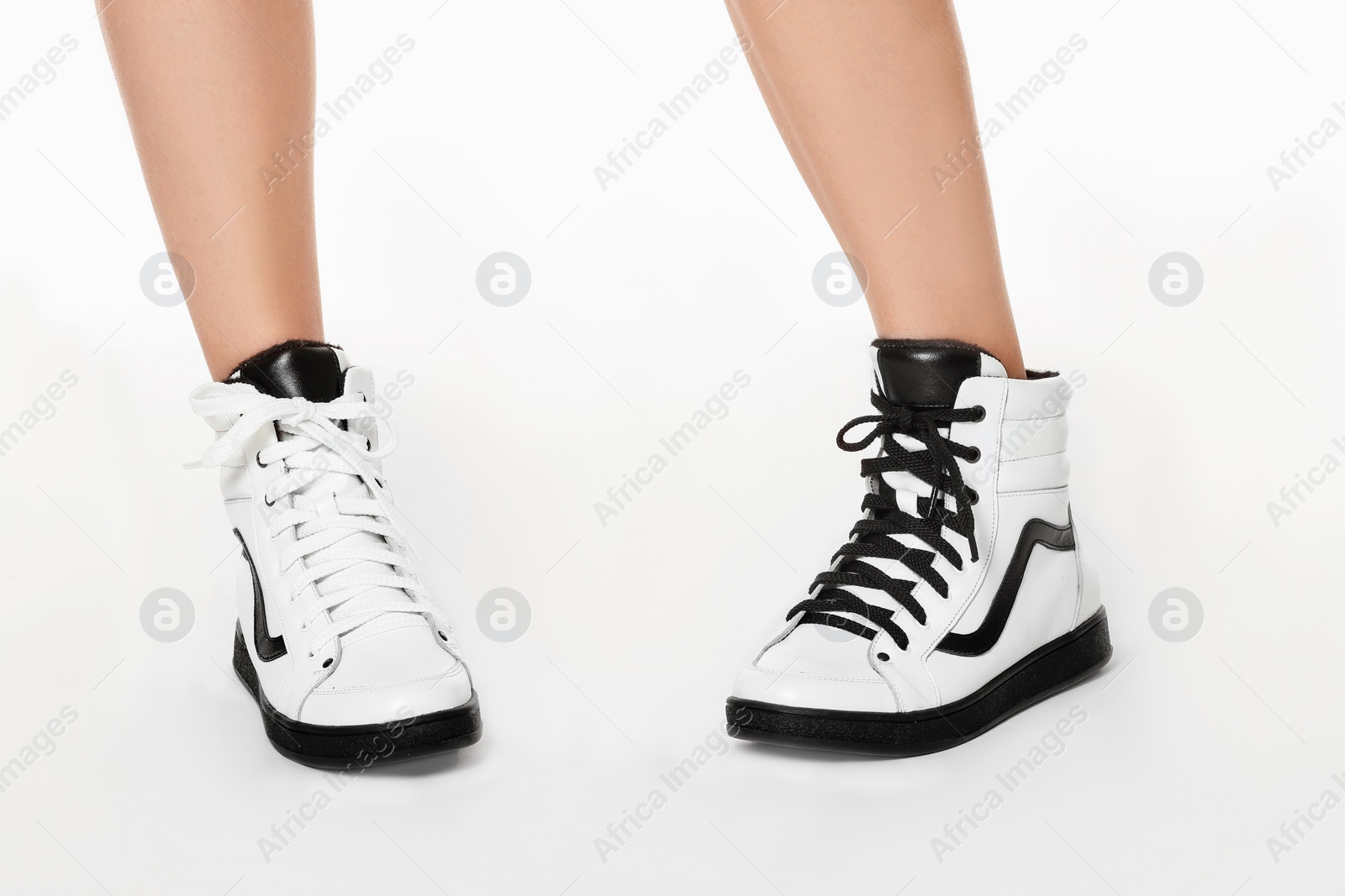 Photo of Woman in stylish shoes isolated on white, closeup
