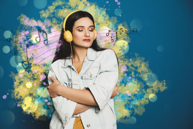 Image of Young woman listening to music with headphones on blue background. Bright notes illustration