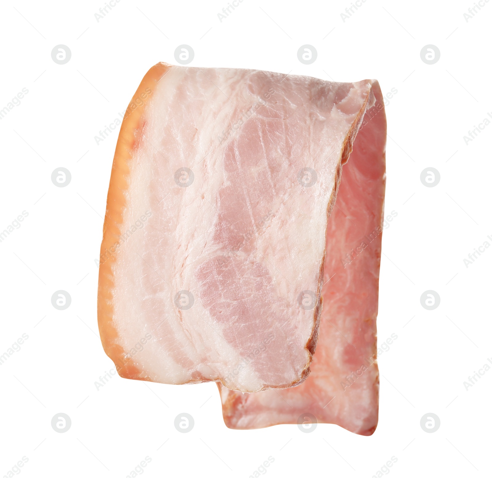 Photo of Slice of delicious smoked bacon isolated on white