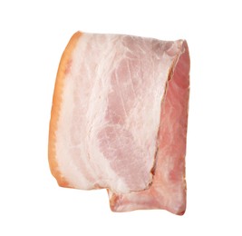 Photo of Slice of delicious smoked bacon isolated on white