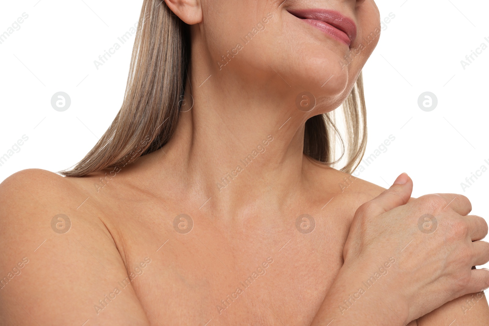 Photo of Mature woman with healthy skin on white background, closeup