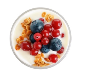 Photo of Glass with yogurt, berries and granola on white background, top view