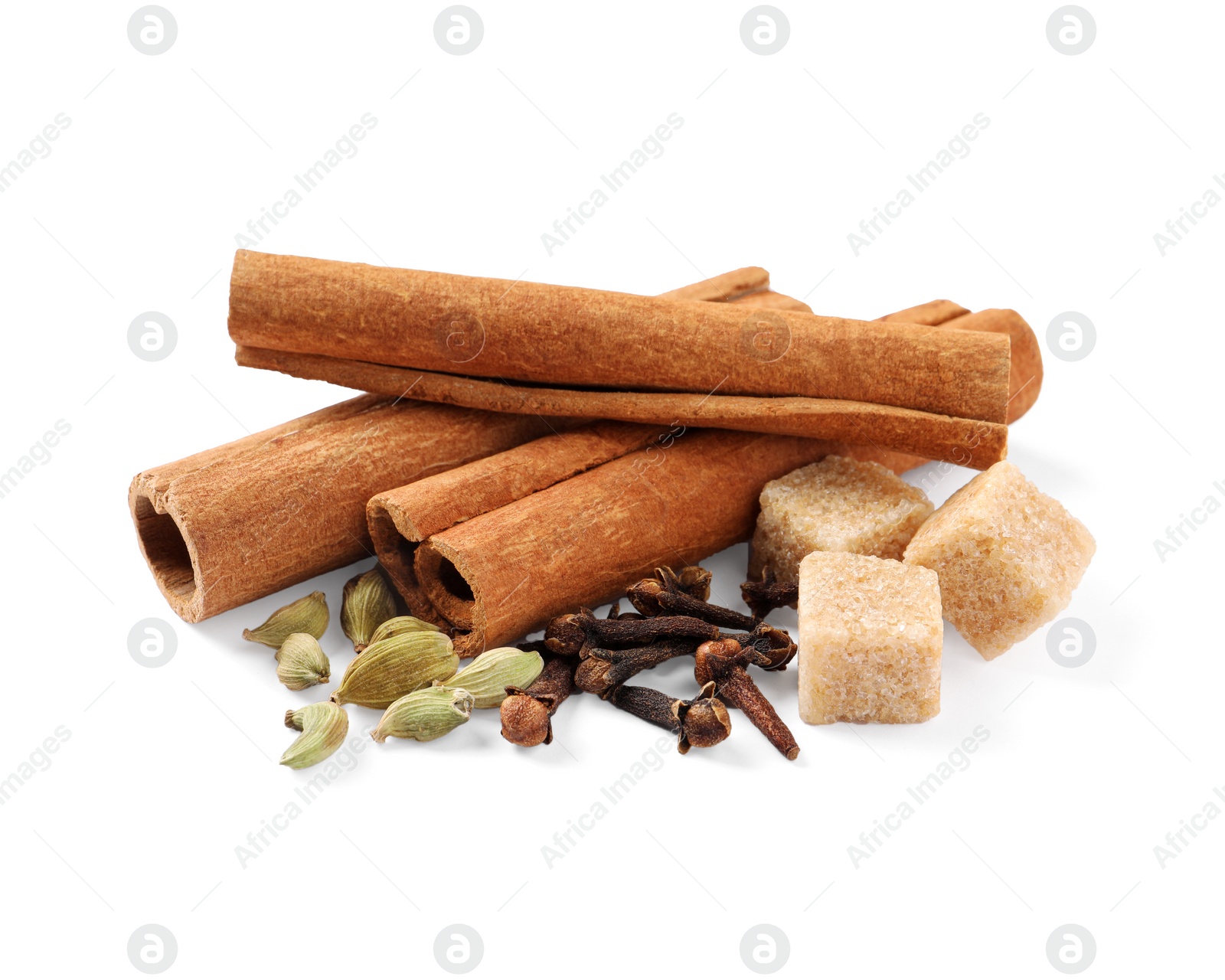 Photo of Many different aromatic spices on white background