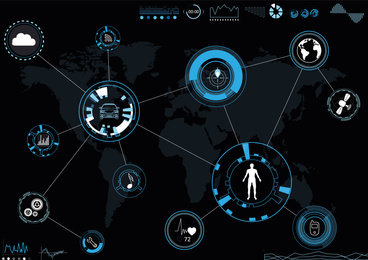 Illustration of Futuristic technology - car driving control. Scheme with icons and world map on black background