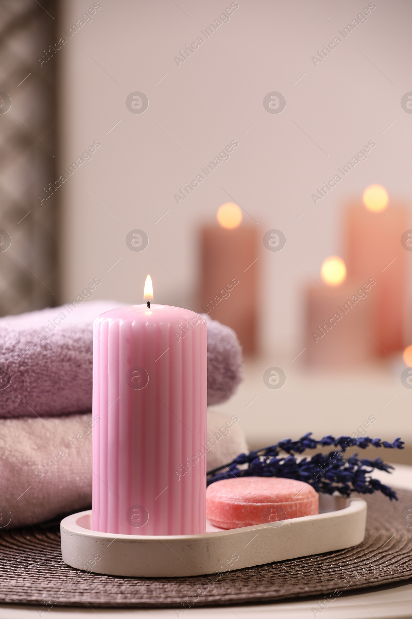 Photo of Beautiful composition with different spa products on table indoors, space for text