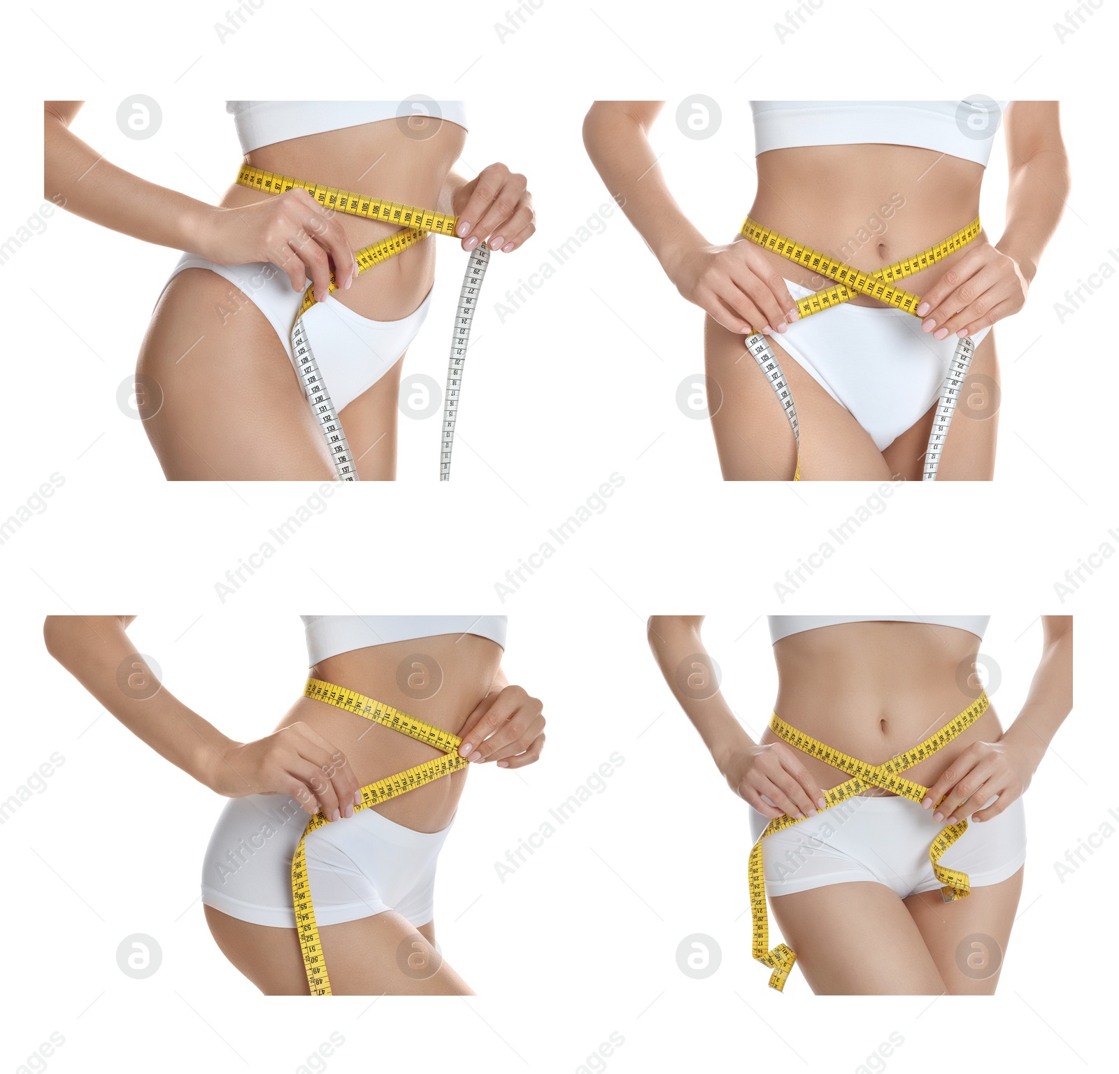 Image of Collage with photos of young woman with measuring tape on white background, closeup