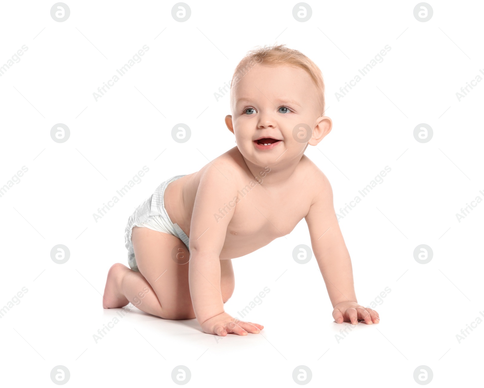 Photo of Cute little baby crawling on white background