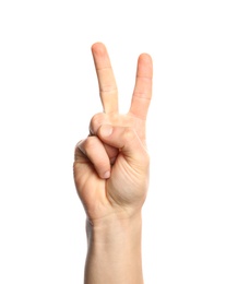 Photo of Man showing number two on white background, closeup. Sign language